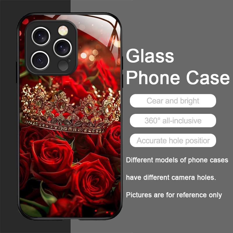 Luxus Kronen Schmuck Blumenmuster Gehärtetes Glas Handyhülle für IPhone 17 16 Pro Max 15 14 13 12 Mini 11 X XS 7 8 14Plus Hülle