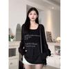 Black Thin Threaded Bamboo Long-Sleeve T-Shirt with Letter Print
