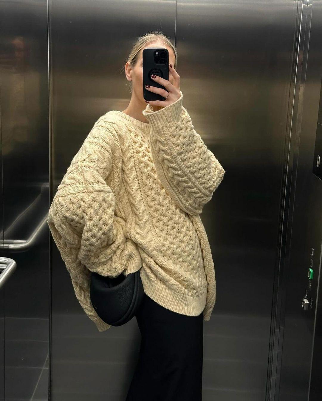 

Европейский и американский женский свободный перекрученный свитер - повседневный топ с длинным рукавом Large бежевый