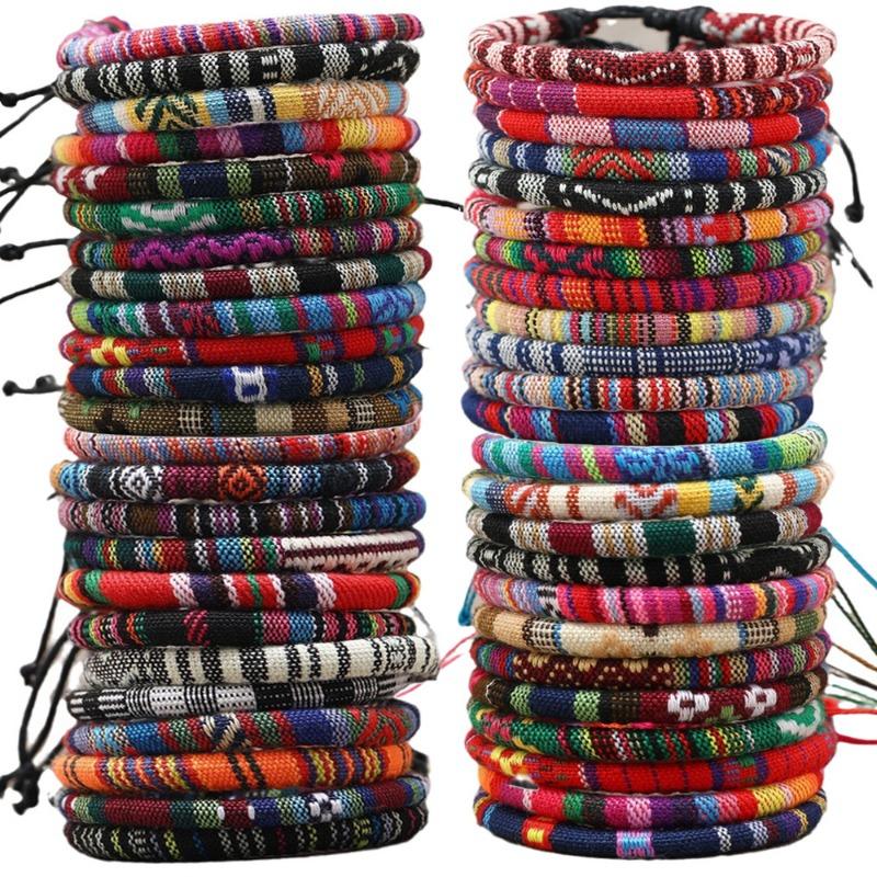 Hot-selling Cotton Men's and Women's Bohemian Hand-woven Bracelets, 12-piece Set, Colorful Surf Bracelets