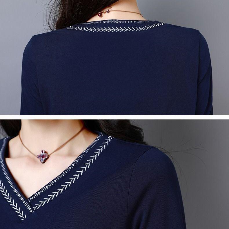V-neck Long Sleeved T-shirt Women's Korean Version Loose Autumn and Winter Top Women's Versatile Solid Color Base Shirt Women