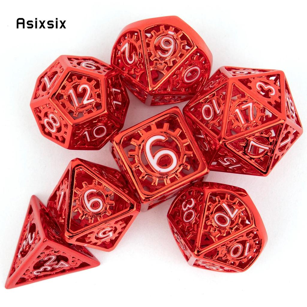7 Pcs  Red White Gear Wheel Metal Dice Hollow Metal Polyhedral Dice Set Suitable for Role-Playing RPG  Board Game Card Game