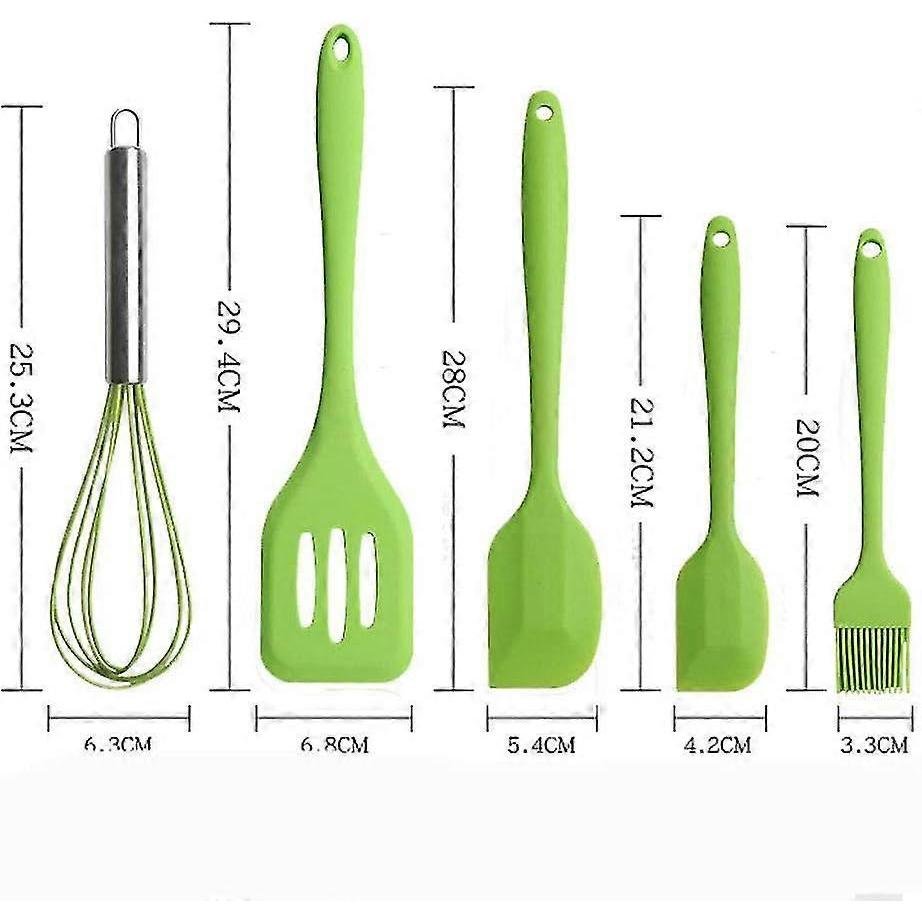 Ensemble d'ustensiles de cuisine, Vert 5 Pièces Ensemble de spatules en silicone - Pinceaux à badigeonner - Pinceau à huile pour pâtisserie - Fouet à œufs - Spatule ajourée - Spatule de cuisson en silicone