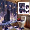 4pcs Night Snow Cat Butterfly Fantasy Night Print Yudi Set Decoration Bathroom Set Includes Shower Curtain, Non-Slip Floor Mat