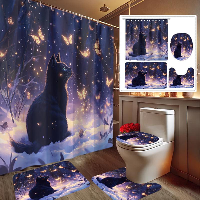 

4pcs Night Snow Cat Butterfly Fantasy Night Print Yudi Set Decoration Bathroom Set Includes Shower Curtain, Non-Slip Floor Mat 90x180cm