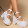 Fashion Gothic Chunky Platform Pumps for Women Super High Heels Ankle Strap Mary Jane Shoes Woman Patent Leather Thick Heel Pumps Ladies