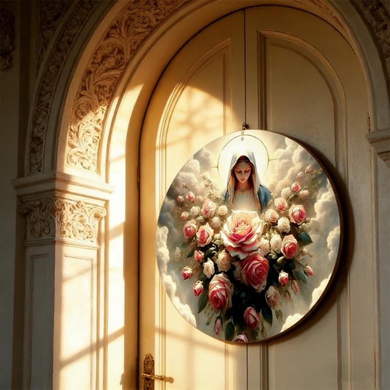 Wooden Angel Reading Book Round Plaque Front Door Hanging Ornament Easy Mount Wall Sign For Home Garden Decoration