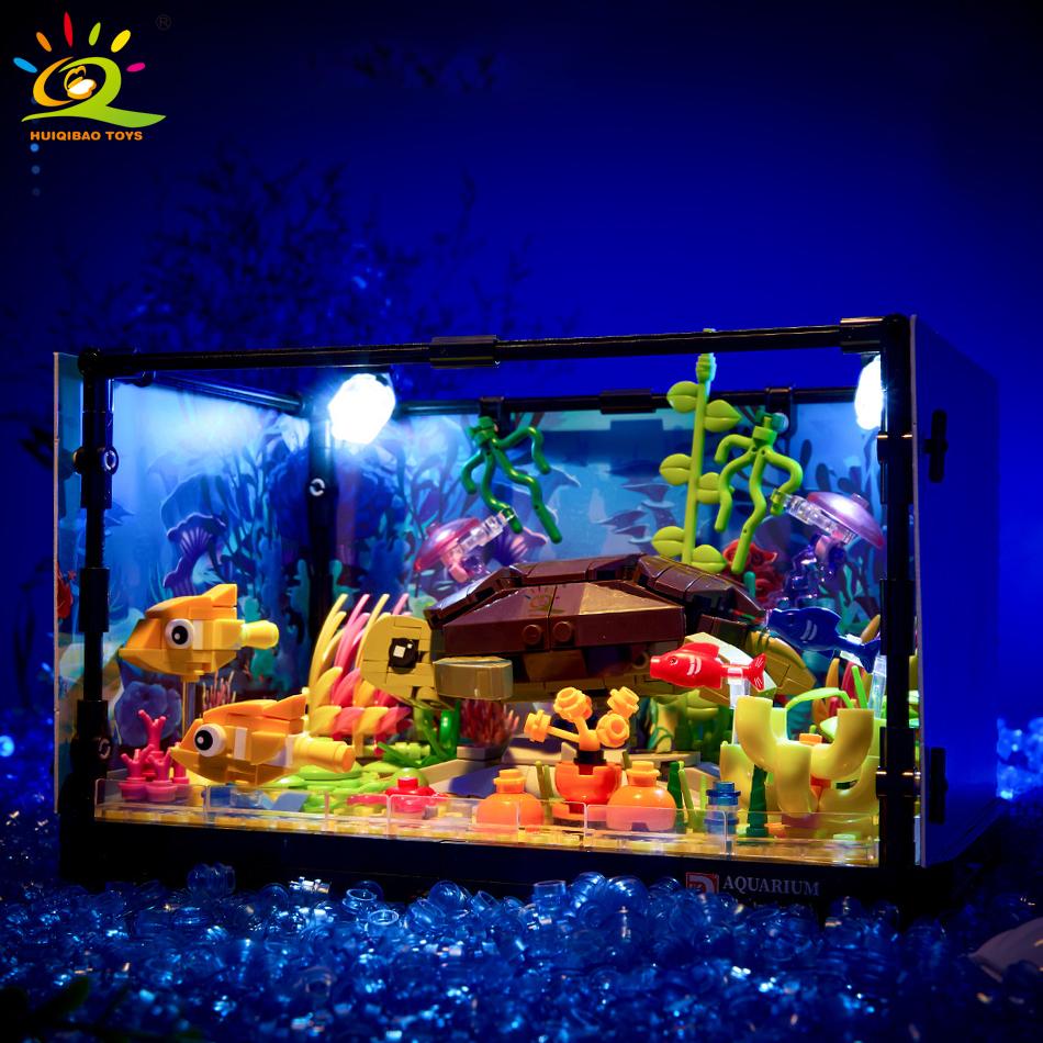 Non-Toxic Moc Fishbowl Aquarium Building Blocks Sea Turtle Fish Tank With Light Bricks City Construction Toys For Children Kids