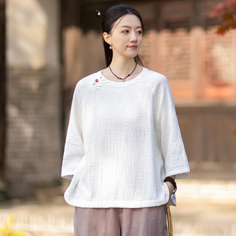 Johnature Women Vintage T-Shirts Spring Chinese Style Solid Color Soft O-Neck Seven Sleeve Female T-Shirts