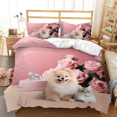 Pink Rose Three-piece Quilt Cover Digital Printing Bedding Set Cute Dog Cat Bed Cover