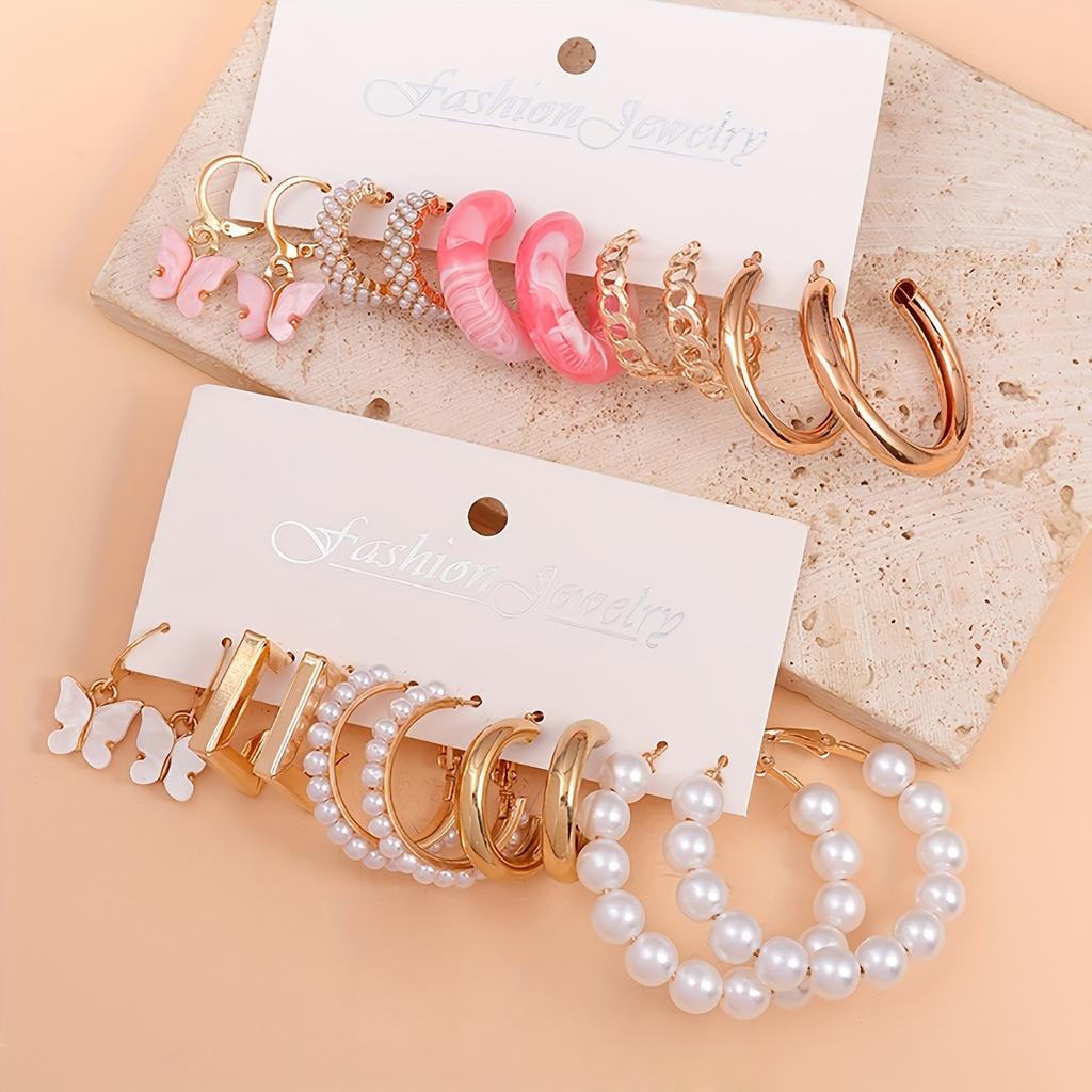 Fashion Imitation Zircon Bead C-shaped Earrings Bohemian Acrylic Pink Butterfly Pendant Hoop Earring Women's Summer Beach Zircon