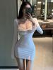 Spring and Autumn New Pure Desire Spice Girls Sexy Low Neck Open Chest Flared Sleeve Slim Long Sleeve Hip Wrap Dress Women