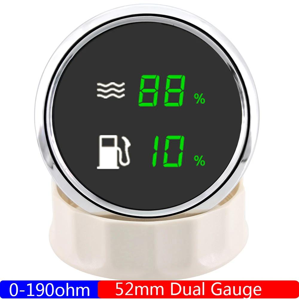 Waterproof Dual Gauge with Alarm Light 52mm Water Level+Fuel Level Gauge for Fuel Float Level Sensor 0-190 Ohm Boat Car