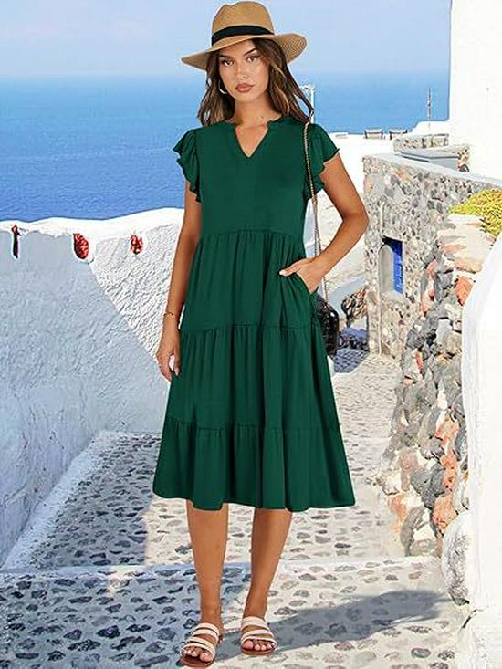 2025 Women's V-Neck Ruffle Sleeve Patchwork Midi Dress with Pockets