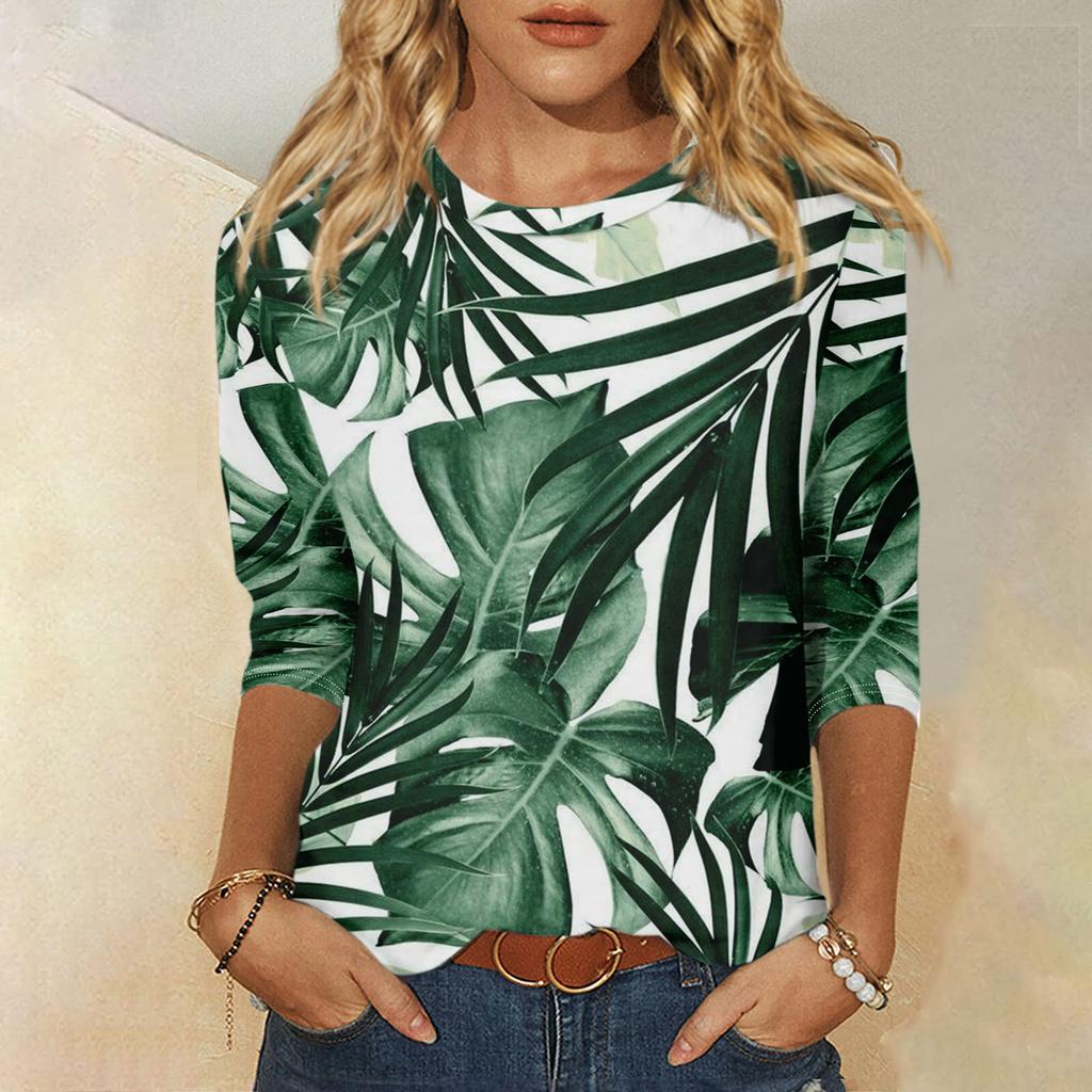 Women's Fashion Casual Round Neck 3/4 Sleeve Loose Printed T-Shirt Ladies Top