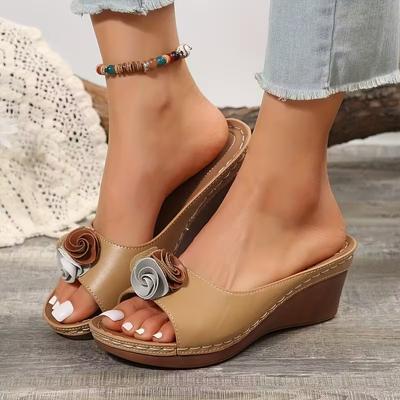 Ladies Shoes 2026 Hot Sale Open Toe Women's Slippers Summer Flowers Solid Outdoor Casual Beach Wedge Heel Large Size Slippers