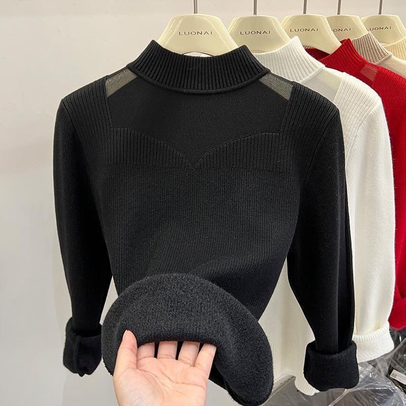 Fleece sweater women's inner thickened semi-turtleneck women's niche design top integrated fleece winter new