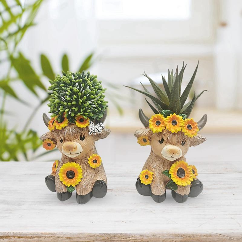 2pcs Sunflower Highland Cow Resin Flower Pot Ornament