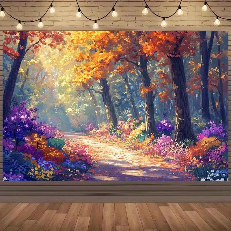 A Colorful Backdrop of an Autumn Forest Trail, Featuring Flowers, Autumn-themed Decorations and a Photography Background
