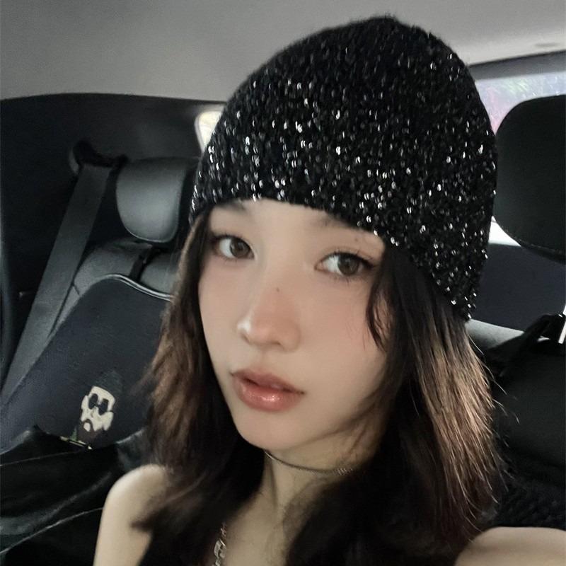 Black sequined knitted cold hat female autumn and winter k spice girl showing face small headgear versatile showing face small pile hat
