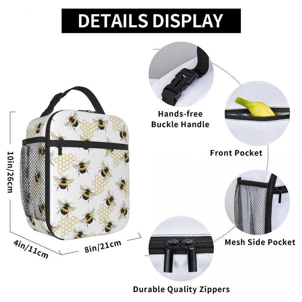 Bees Collect Honey Pattern Insulated Lunch Bag for Women Children Portable Food Boxes Thermal Lunch Box Tote