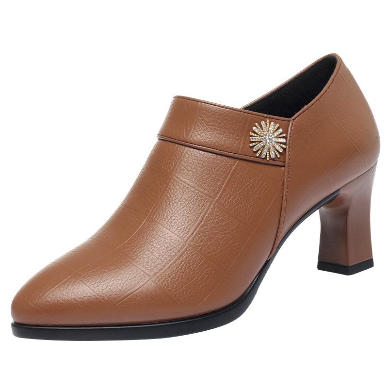 Comfortable Block High Heels Shoes Soft Leather 2024 Spring Autumn Elegant Office Ladies Short Plush Ankle Boots For Mom Model