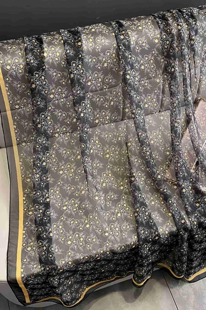Black Scarf with Small Flowers and Mustard Border - Light and Elegant
