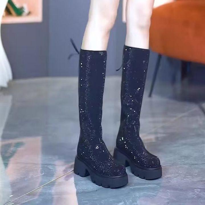

Маленькие толстоподошвенные на высоком каблуке, но до колена, сапоги с полным бриллиантовым покрытием, осень-зима 2025, сверкающие стразы, задняя молния, сапоги на толстом высоком каблуке 35