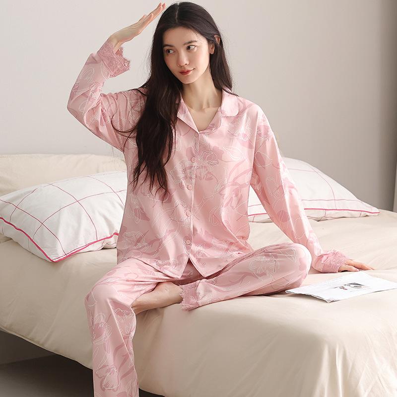 Pajamas women's spring and autumn pure cotton long-sleeved women's autumn middle-aged mother autumn and winter thin large-size high-end loungewear