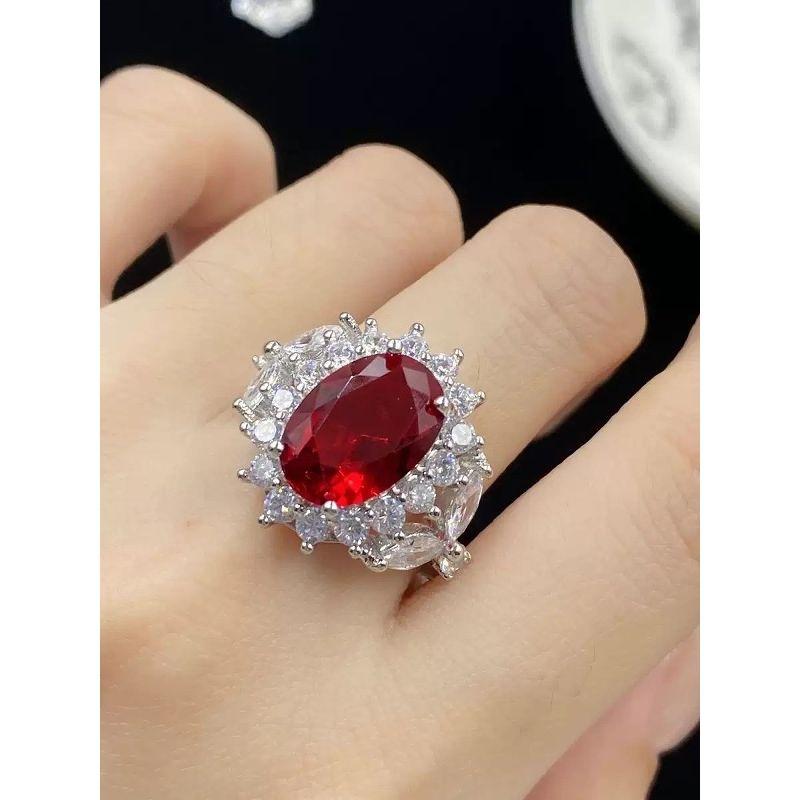 European and American High End Luxury Simulation Ruby Necklace Earrings Ring Women Colored Gems Zircon Bridal Banquet Formal Dress Set