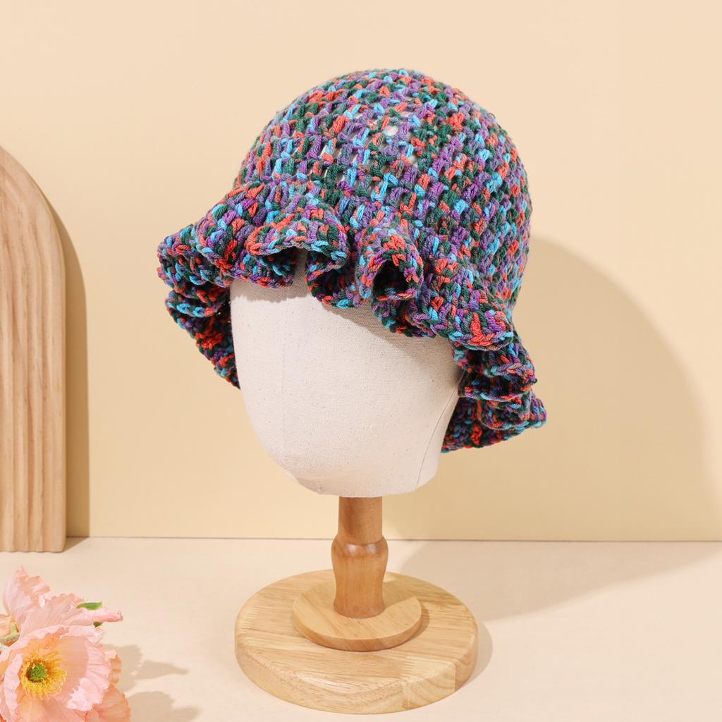 Autumn/winter Warm Handmade Knitted Mixed Color Lotus Leaf Edge Knitted Basin Hat Woolen Fisherman Hat