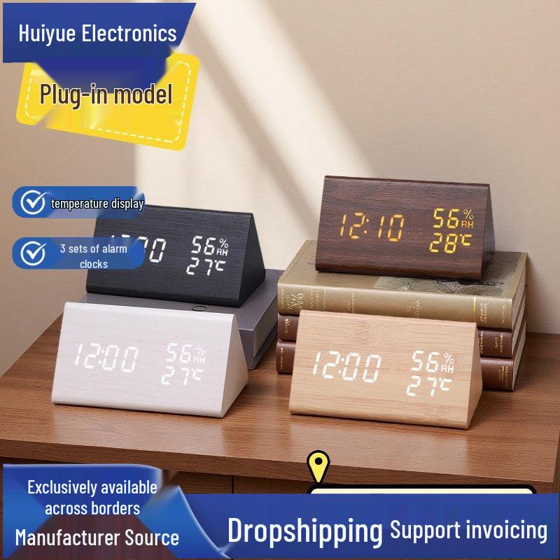 Multi-functional Digital Wood Alarm Clock with Temperature & Humidity Display White LED Light