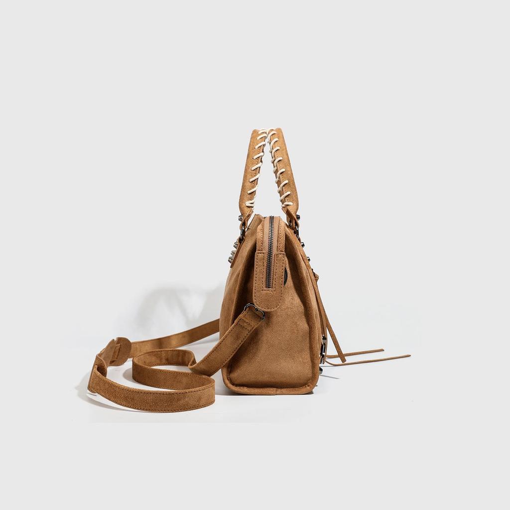 2026 Retro Distressed Suede Motorcycle Crossbody Bag with Rivets - Large Capacity & Soft Texture