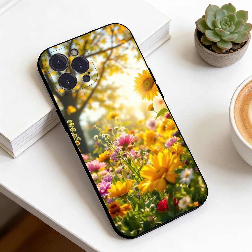 Sunflower&Sunny Day For iPhone 16,15,14,13,12,11,XS,XR,X,8,7,Pro,Max,Plus,mini Silicone Black Cover