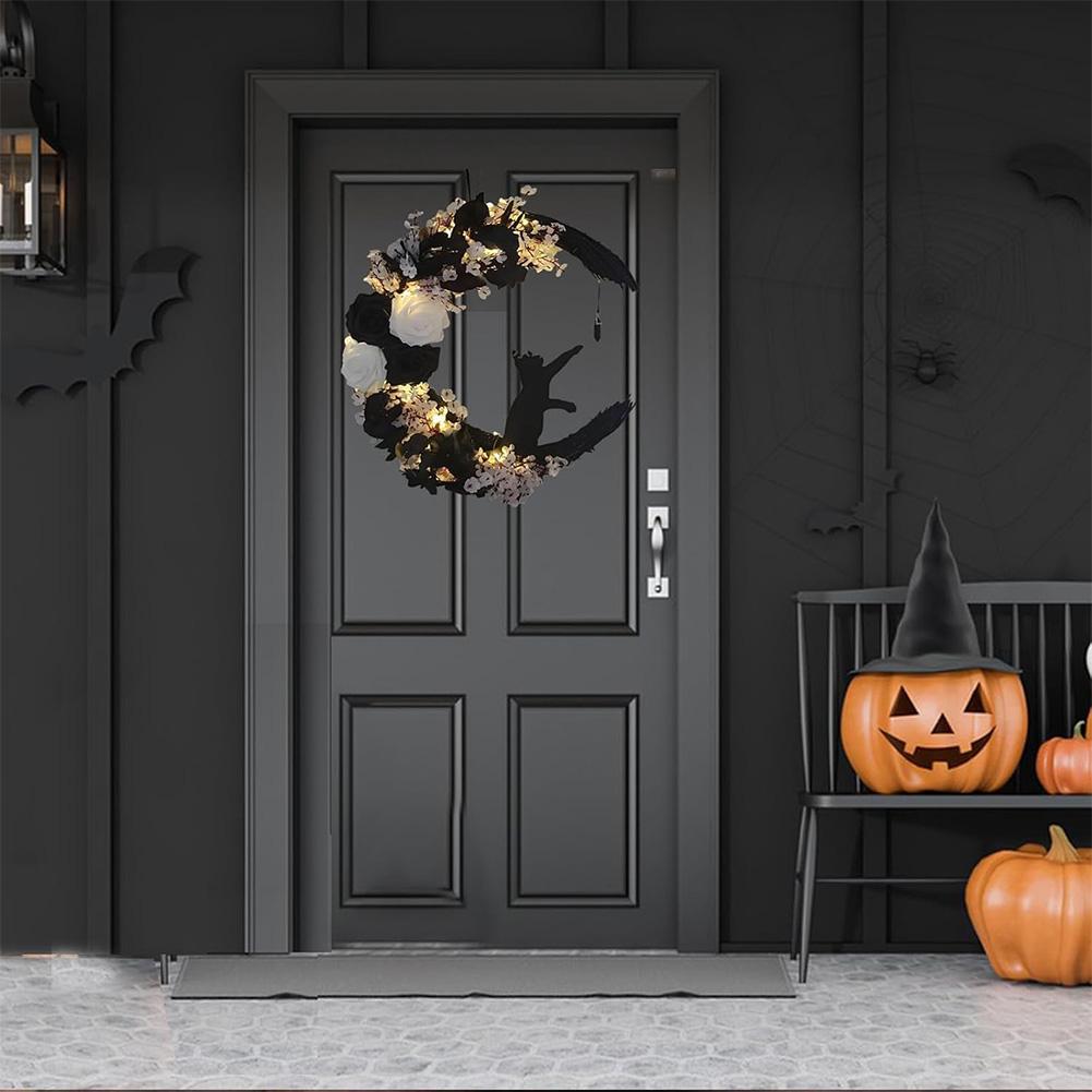 Handgefertigte künstliche Mondkatzen-Girlande mit Lichtern Halloween-Katzen-Türkranz Halloween-Mondkatzen-Kränze Halloween-Dekorationen