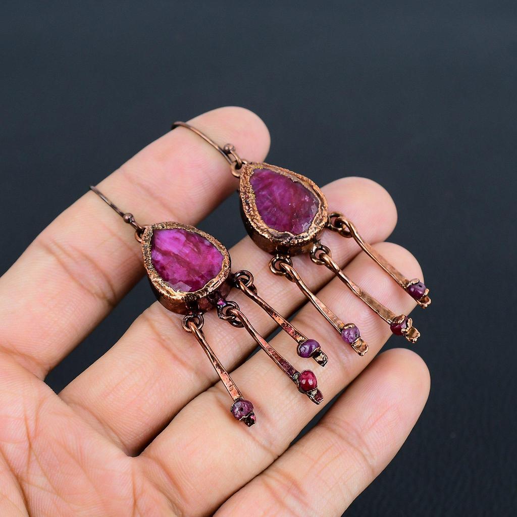 Cercei din Rubin Bijuterii cu Pietre Prețioase, Cercei Handmade Electroformați în Cupru, Bijuterii cu Design de Ultimă Oră