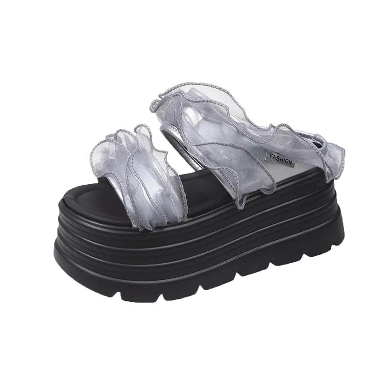 Fashion 8CM Women's High Heels Slippers New Summer Fashion Outdoor Lace Flower Sandals Comfortable Rubber Bottom Chunky Beach Flip Flops