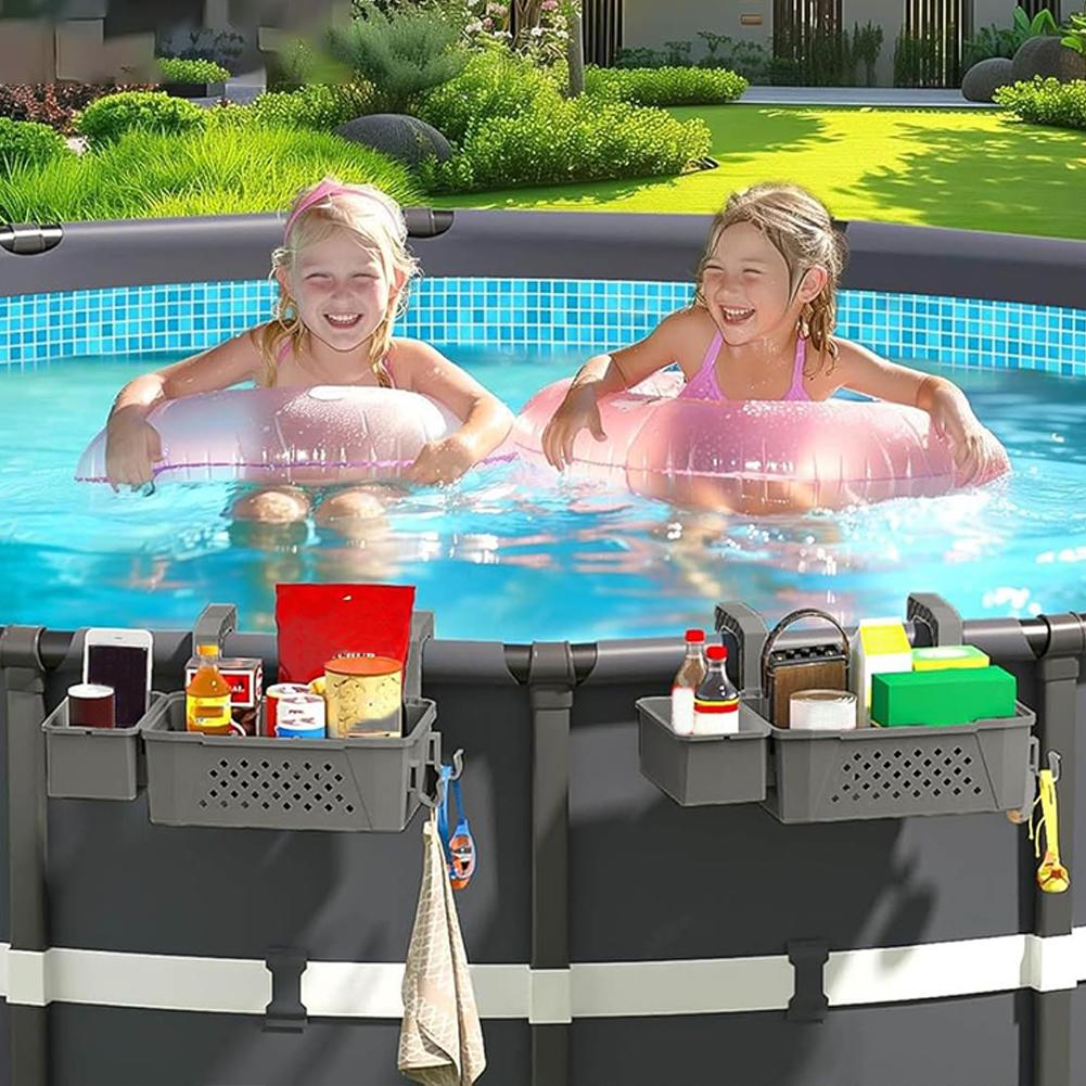 Poolside Storage Basket with Pool Cup Holders Plastic Pool Side Basket Above Ground Swimming Pool Accessories for Drinks Soap