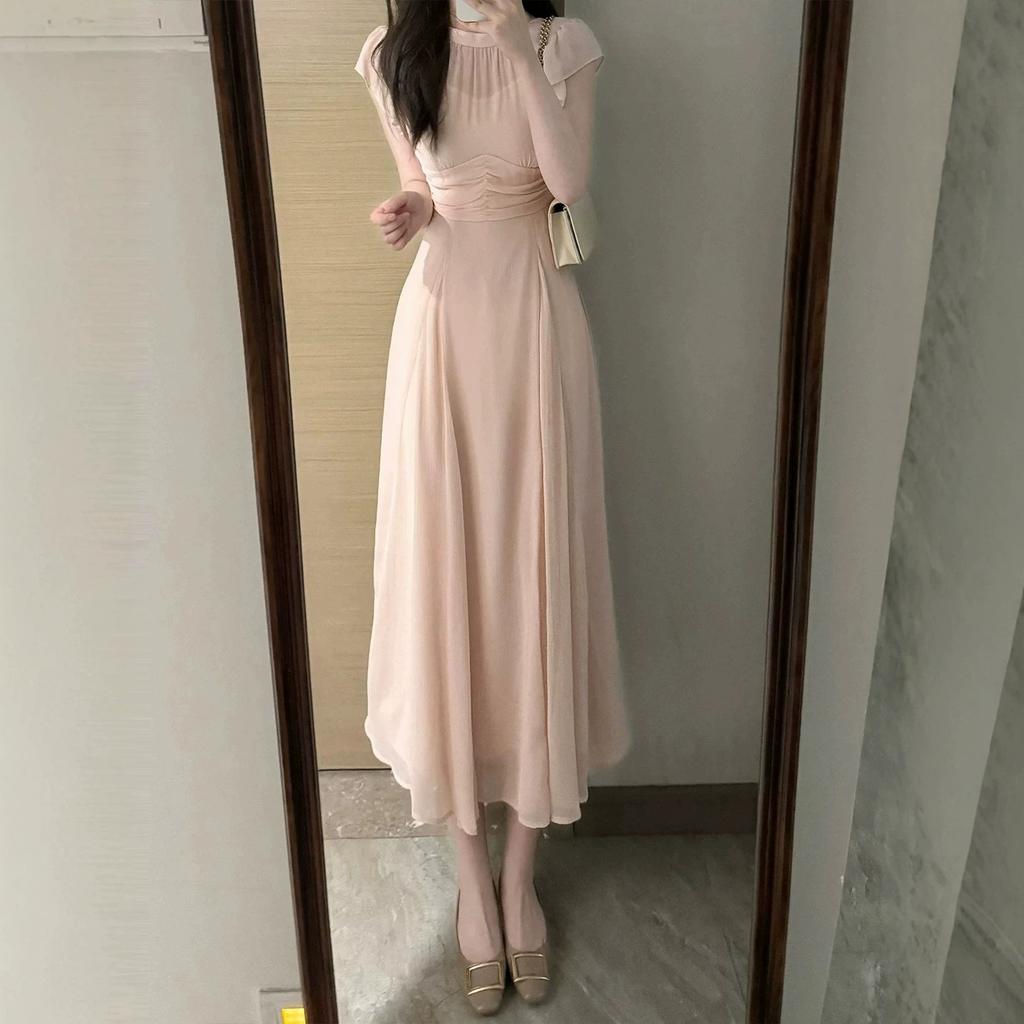 Beautiful and unique waist temperament long dress French gentle wind pink small flying sleeve dress summer beautiful small skirt