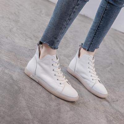 Retro Leather High Top Women's Shoes White Shoes Flat Single Shoes