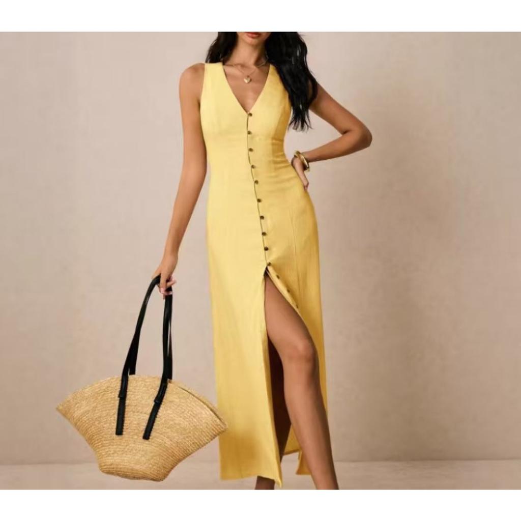 Women's Elegant Solid V-neck Sleeveless Side Slit Long Maxi Dress Casual Summer Wear for European American