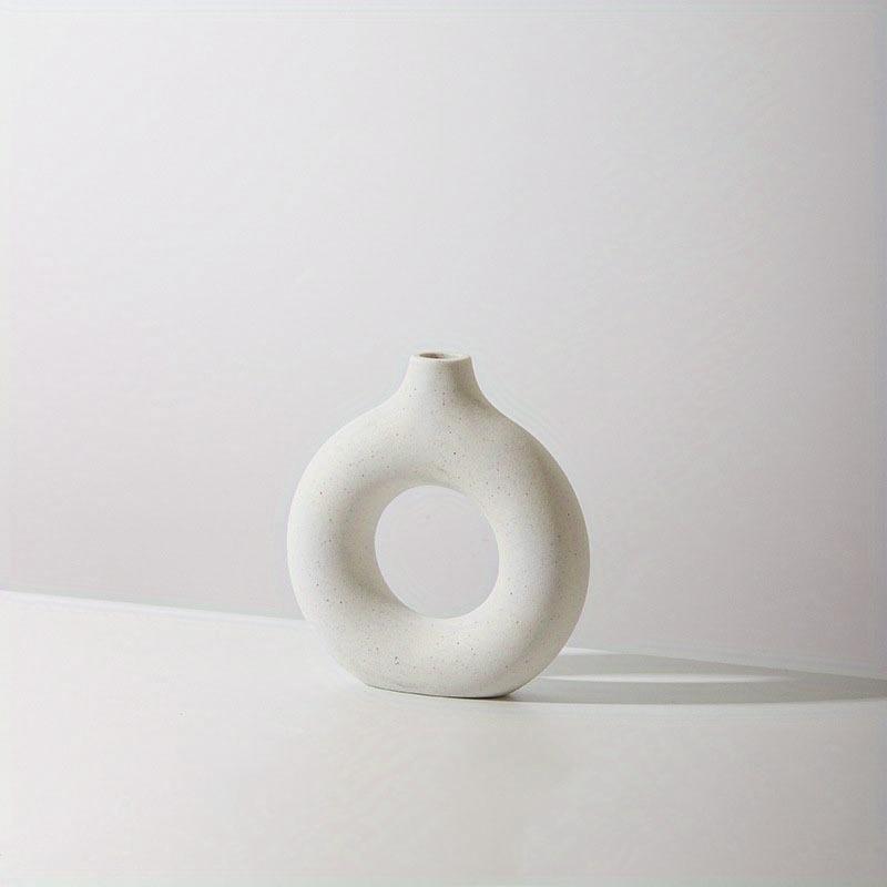 1pc, White/Beige Ceramic Vase  Vases For Decor, Modern Home Decor Vase, Boho Vases For Decor, Circle Vase, Round Vase, Donut Vas