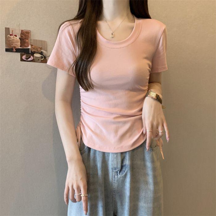 Cotton-included Design Short-sleeved T-shirt for Women's New Summer Drawstring Short Hot Girls Solid Color Round Neck Top