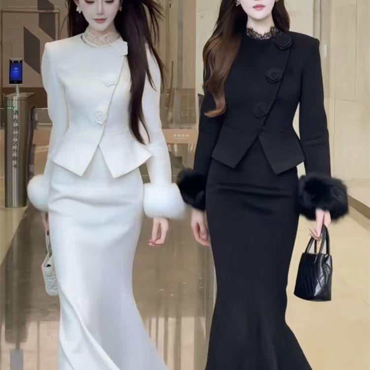 

French Chic Autumn/Winter Women s Set: Elegant Wool Coat & High-Waisted Mermaid Skirt XL (Recommended 120-130 kg)