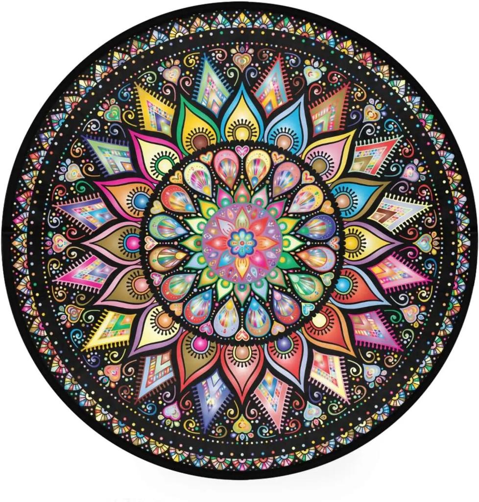 Abstraktní Boho Květinová Mandala Kulatý Koberec Exotický Květinový Kruh Koberec do Obývacího Pokojí Měkká Protiskluzová Podložka do Dětského Pokojí Vstupní Podlahová Rohož