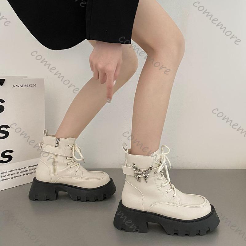 Comemore Sweet Cool Motorcycle Ankle Boots Thick Bottom Women's 2025 New Autumn Retro Short Botines Bow Buckle Shoes for Women
