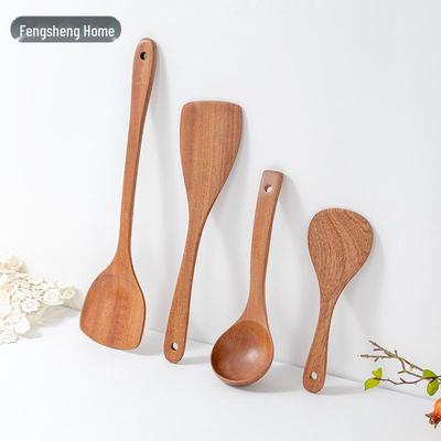 Set di cucchiai da cucina in legno di ebano: Pala a manico lungo, spatola per friggere, utensili da cucina.