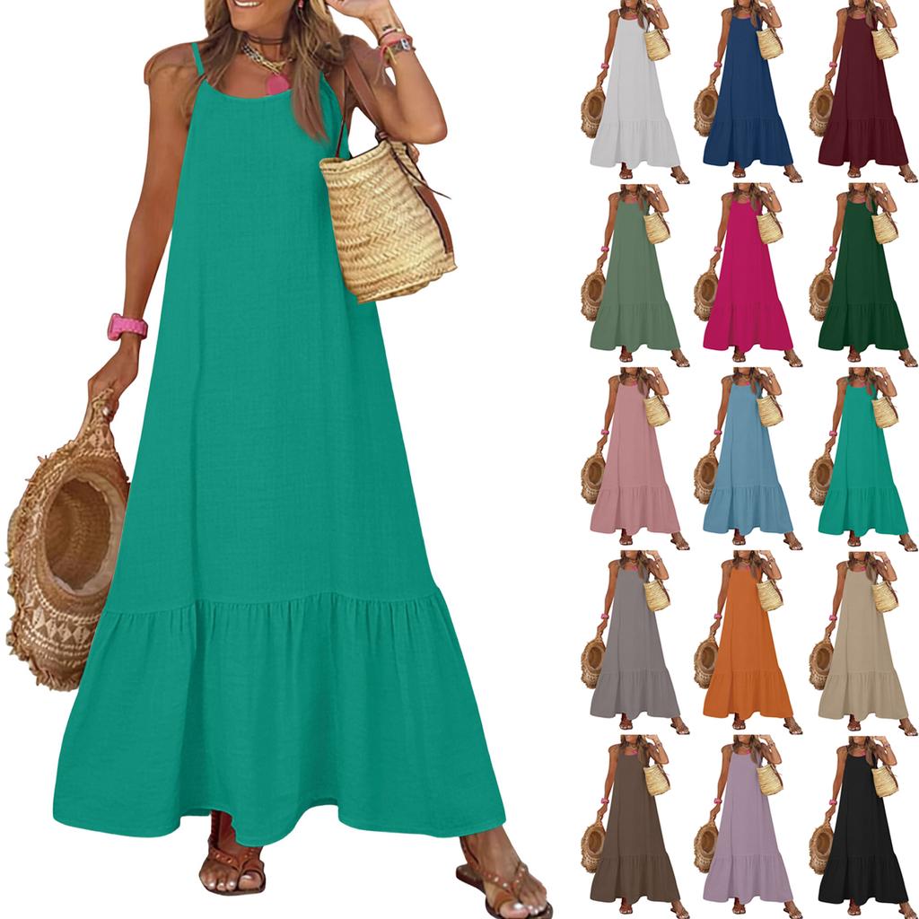 Dames Zomerjurken Spaghetti Bandjes Ronde Hals Gerimpeld Ruches Vloeiend Boho Maxi Jurk