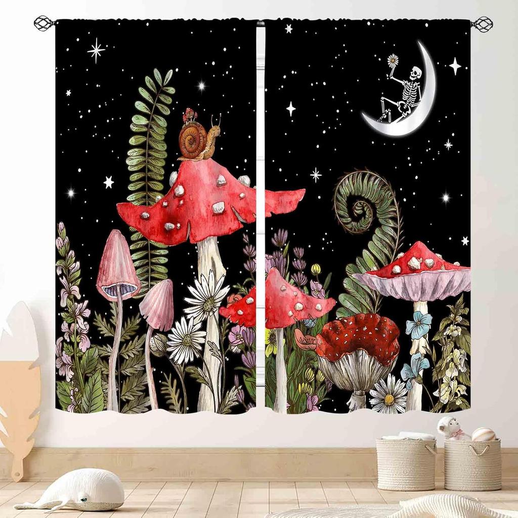 Mushroom Curta, Retro Wild Floral Botanical Mushroom Cottagecore Nature Plants Herbs Farmhouse Blackout Drapes For Kitchen