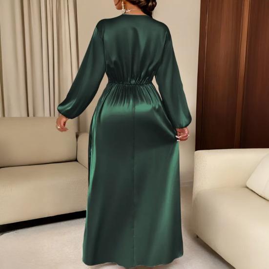 Women Summer Satin V-Neck Dress Elegant Long Gown with Puff Sleeves & Cinched Waist